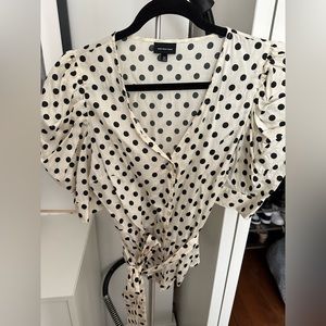 Who What Wear Belted Puff Sleeve Polka Dot Button Down Peplum Blouse